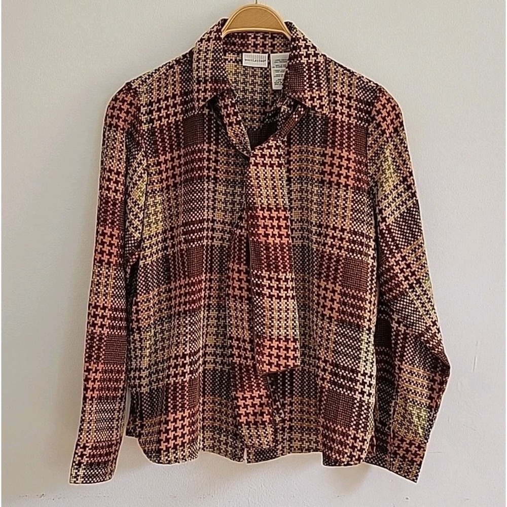 White Stag Vintage Houndstooth Plaid‎ Collared Tie Neck Blouse Button Up Preppy